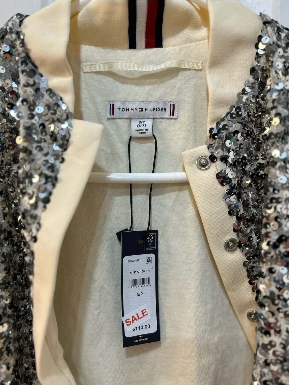NWT Tommy Hilfiger Kids Silver Sequin Bomber Jacker Sz S 6-7 Button Snap Festive